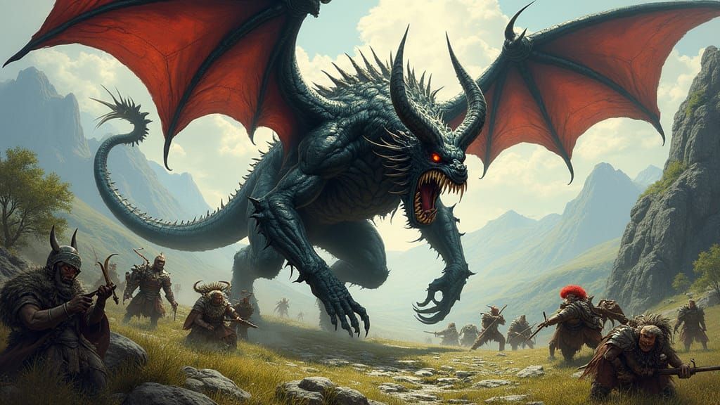 Nine-Headed Demon Battles Elves & Dwarfs in Fantasy Land