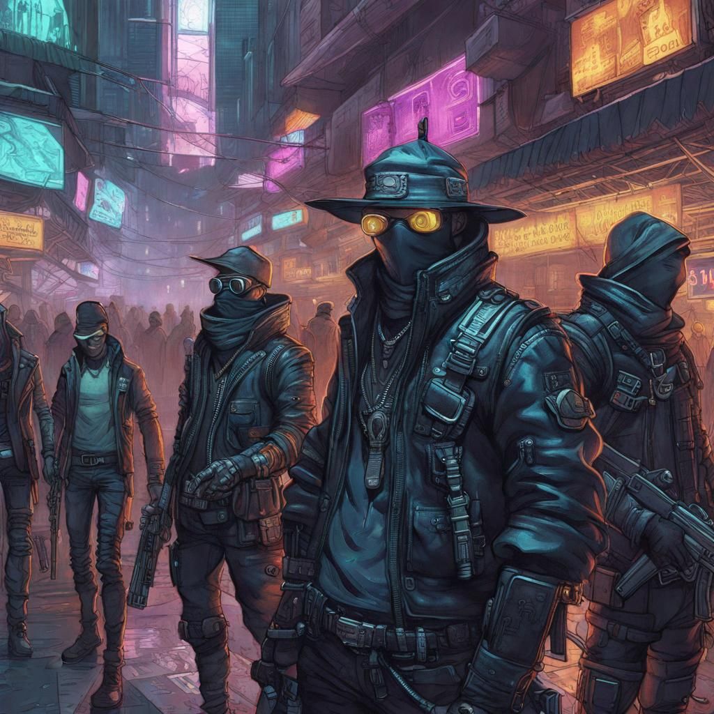 Cyberpunk Musketeers in Dystopian Cityscape
