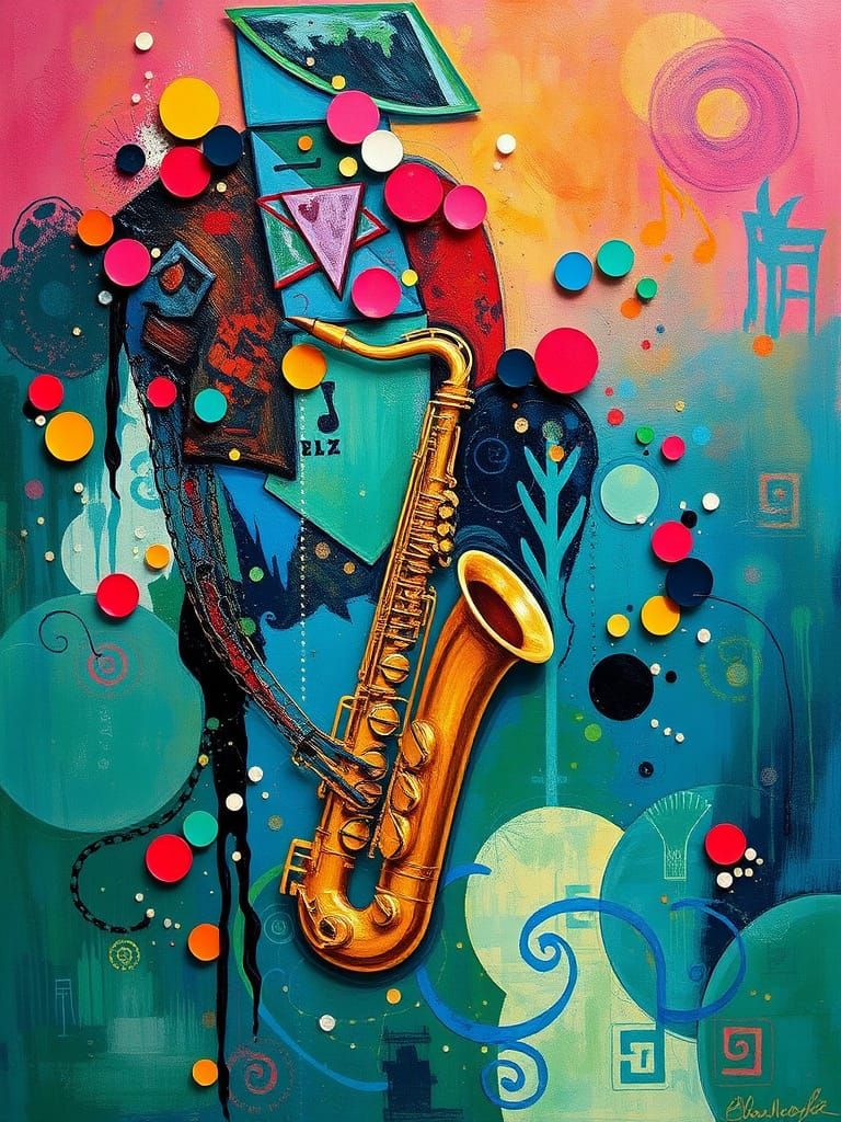 Abstract Jazz Music Art with Saxophone in Expressionism Styl...