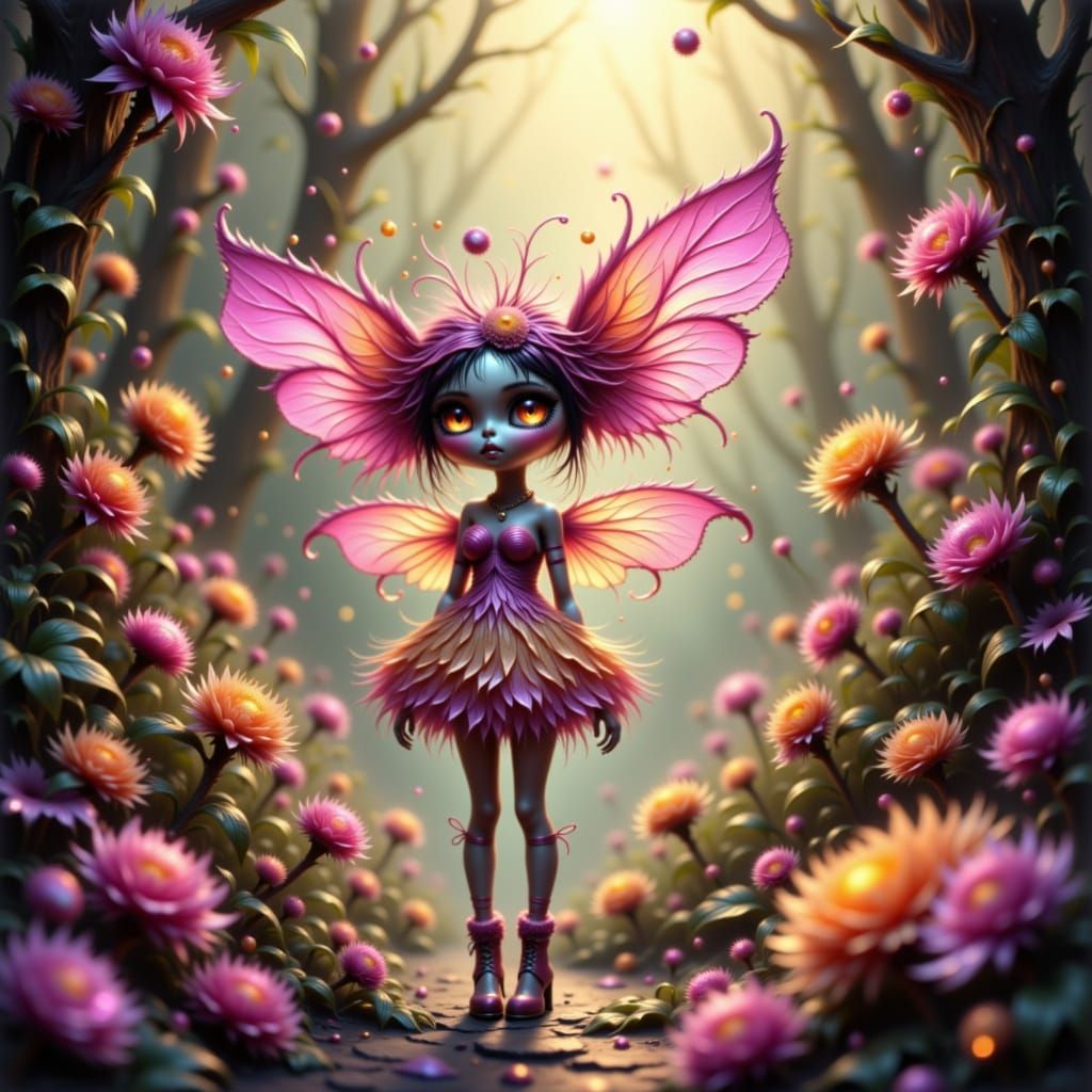 Flower Creature in Cyberpunk Fashion, Misty Urban Setting