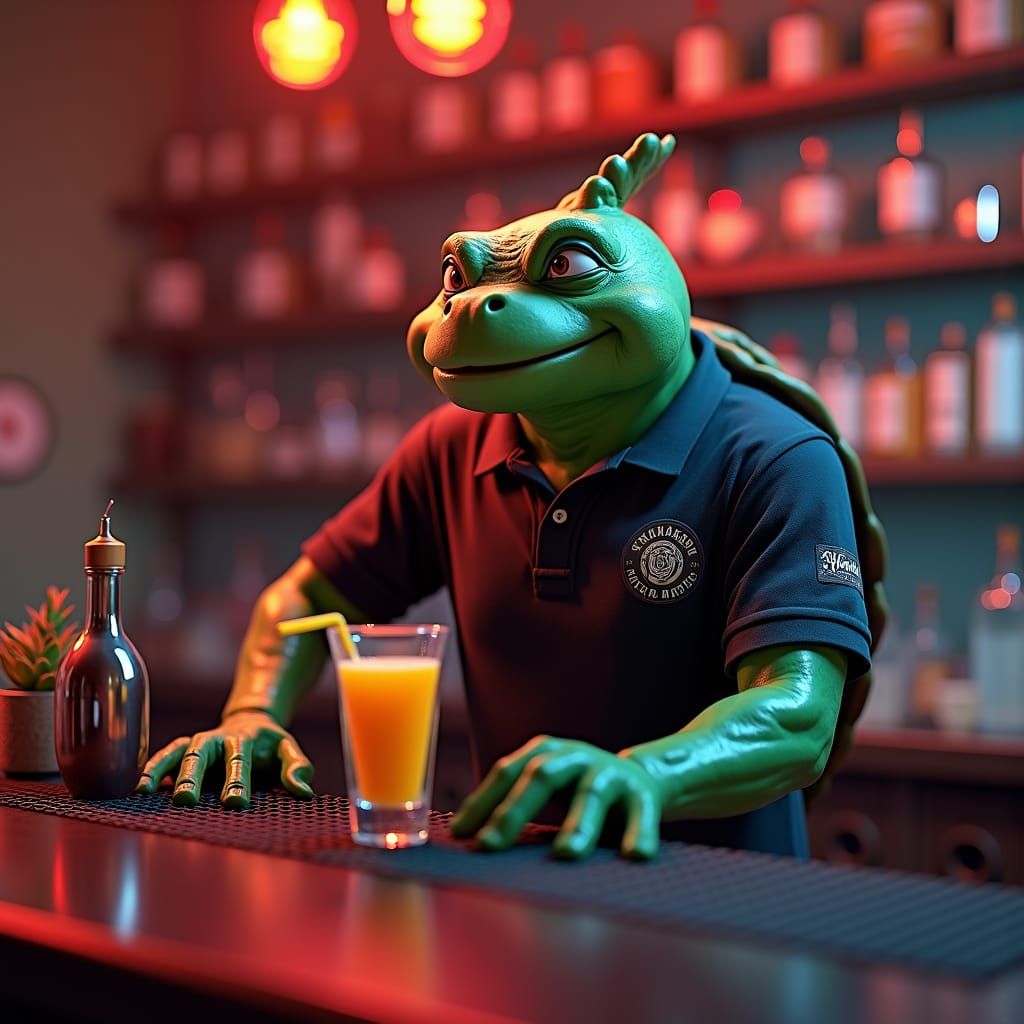Cool Turtle Bartender Mixing Drinks in Anime 3D Style