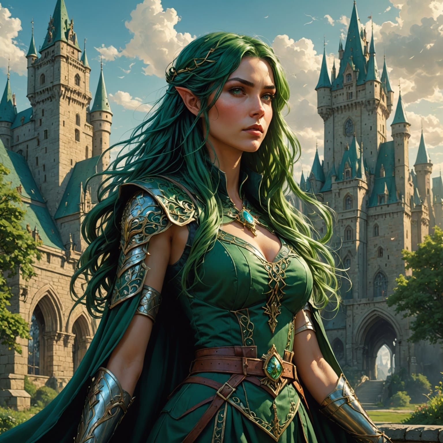 Epic Green Haired Mage Castle Scene in Vibrant Digital Art