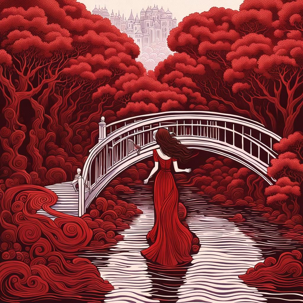Surreal Woman Crossing Red River in Pixel Art