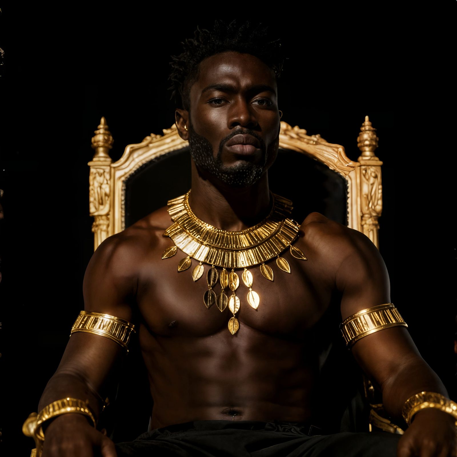 Black Man with Gold Artifacts on Throne in Cinematic Lightin...