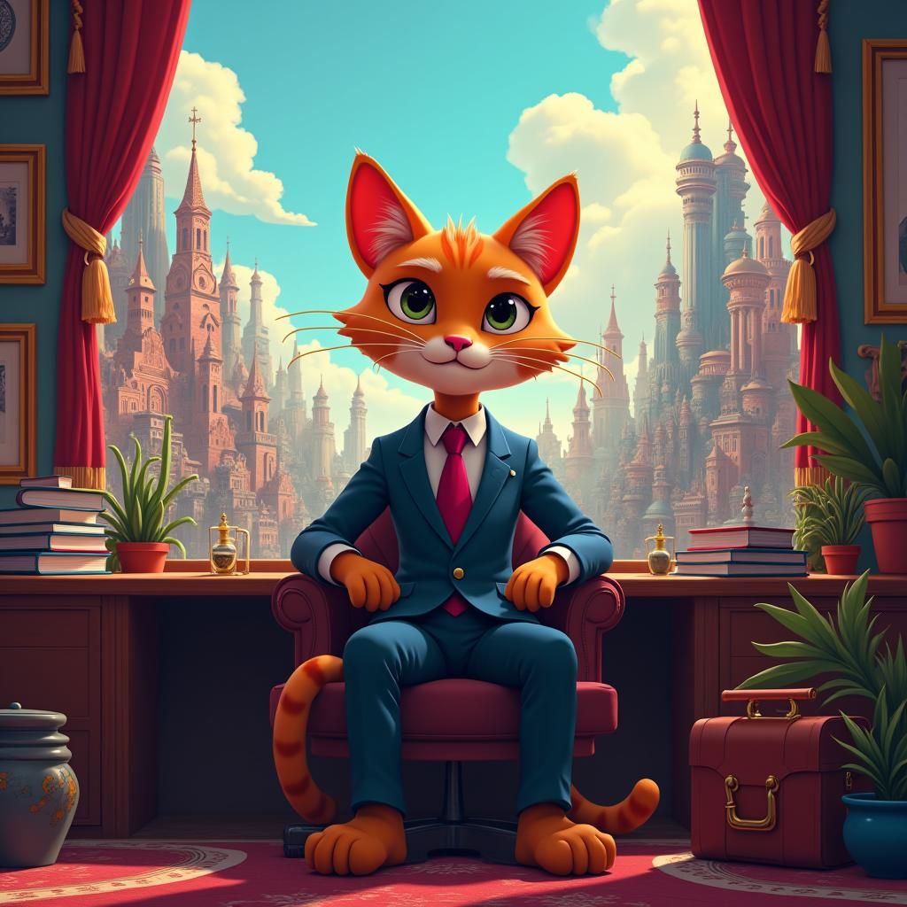 Cartoon Cat Business Person in Ornate Office