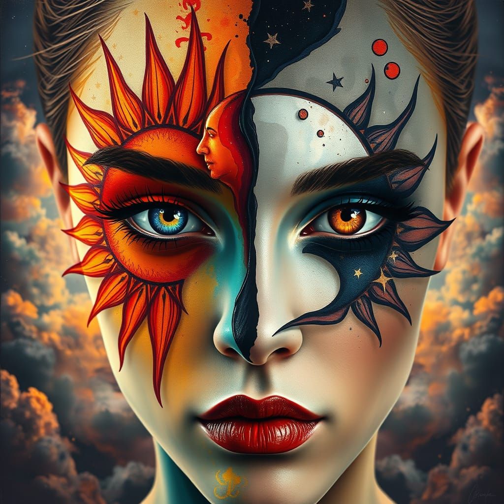 Yin Yang Portrait with Sun and Moon Motifs