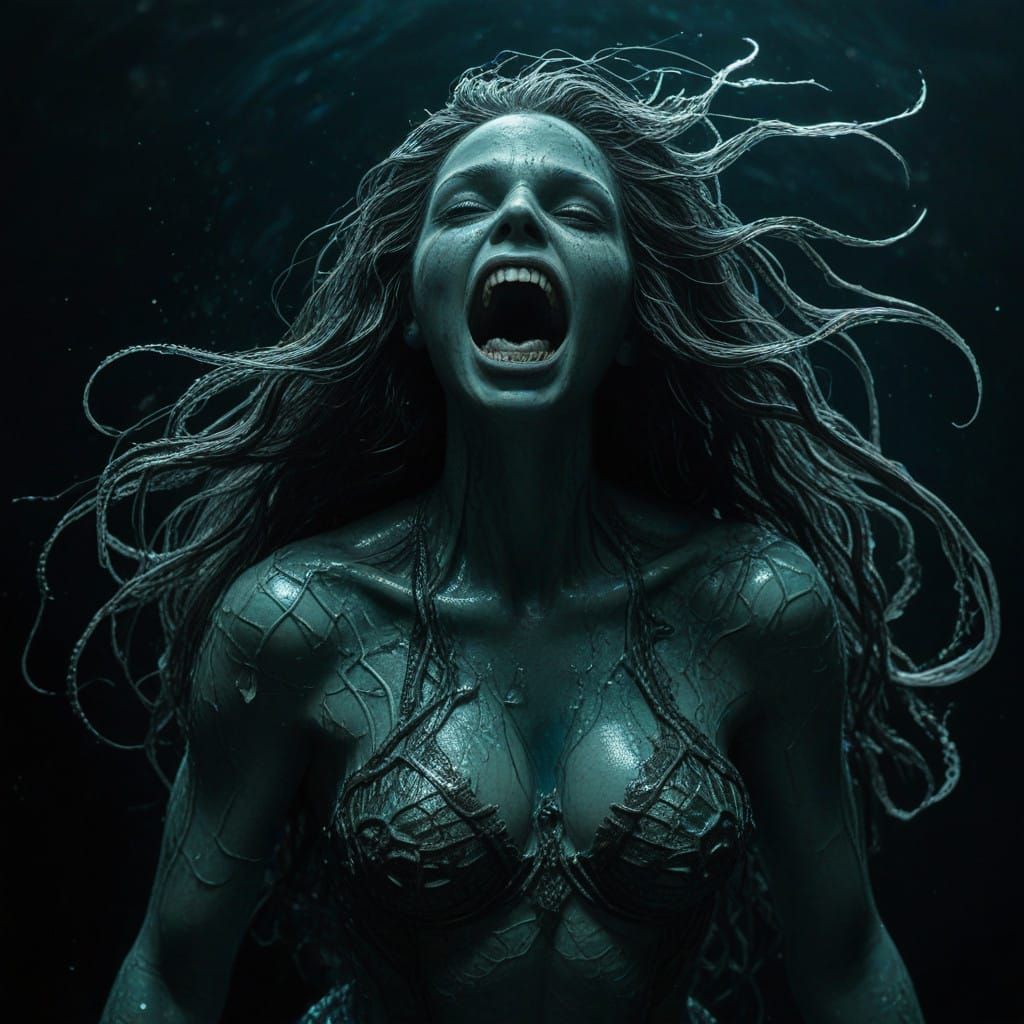 Grotesque Mermaid-Siren Hybrid in Chiaroscuro Lighting