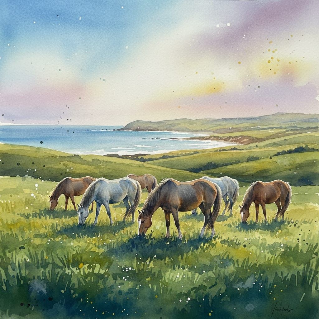 Impressionist Watercolour Landscape with Wild Horses