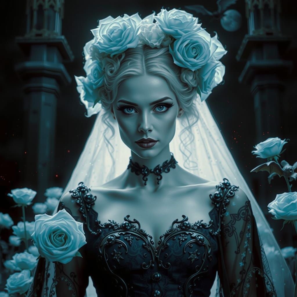 Ethereal Vampire Bride Illuminated by Blood-Red Moon