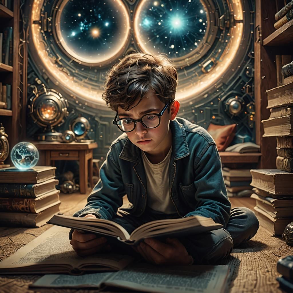 Boy Reading Book, Science Fiction Image Emerging