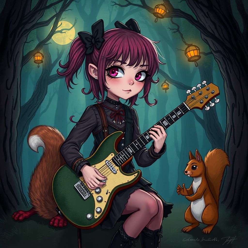 Goth Girl and Squirrel in Mystical Forest