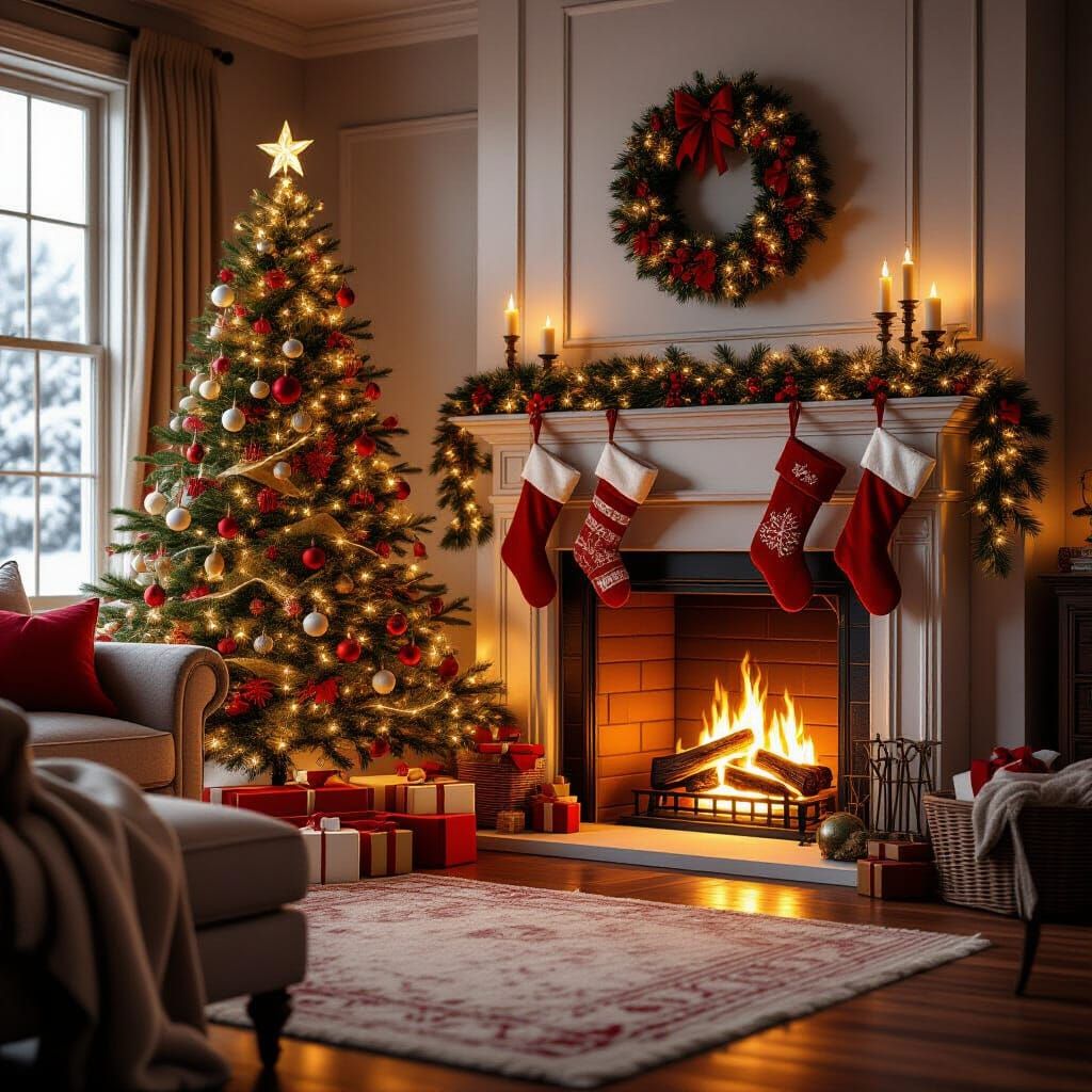 Cozy Christmas Living Room with Fireplace and Tree