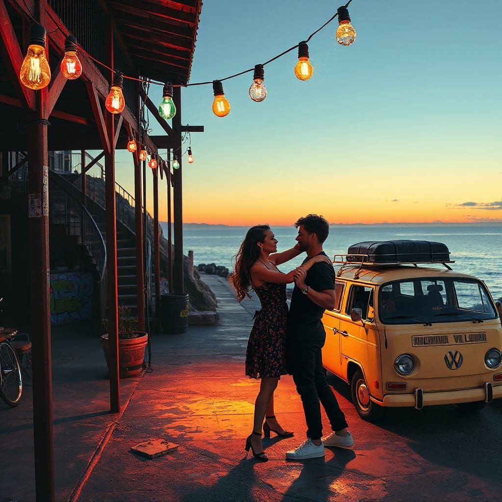 Couple Dancing Under Glowing Light Bulbs in Graffiti Art Sty...