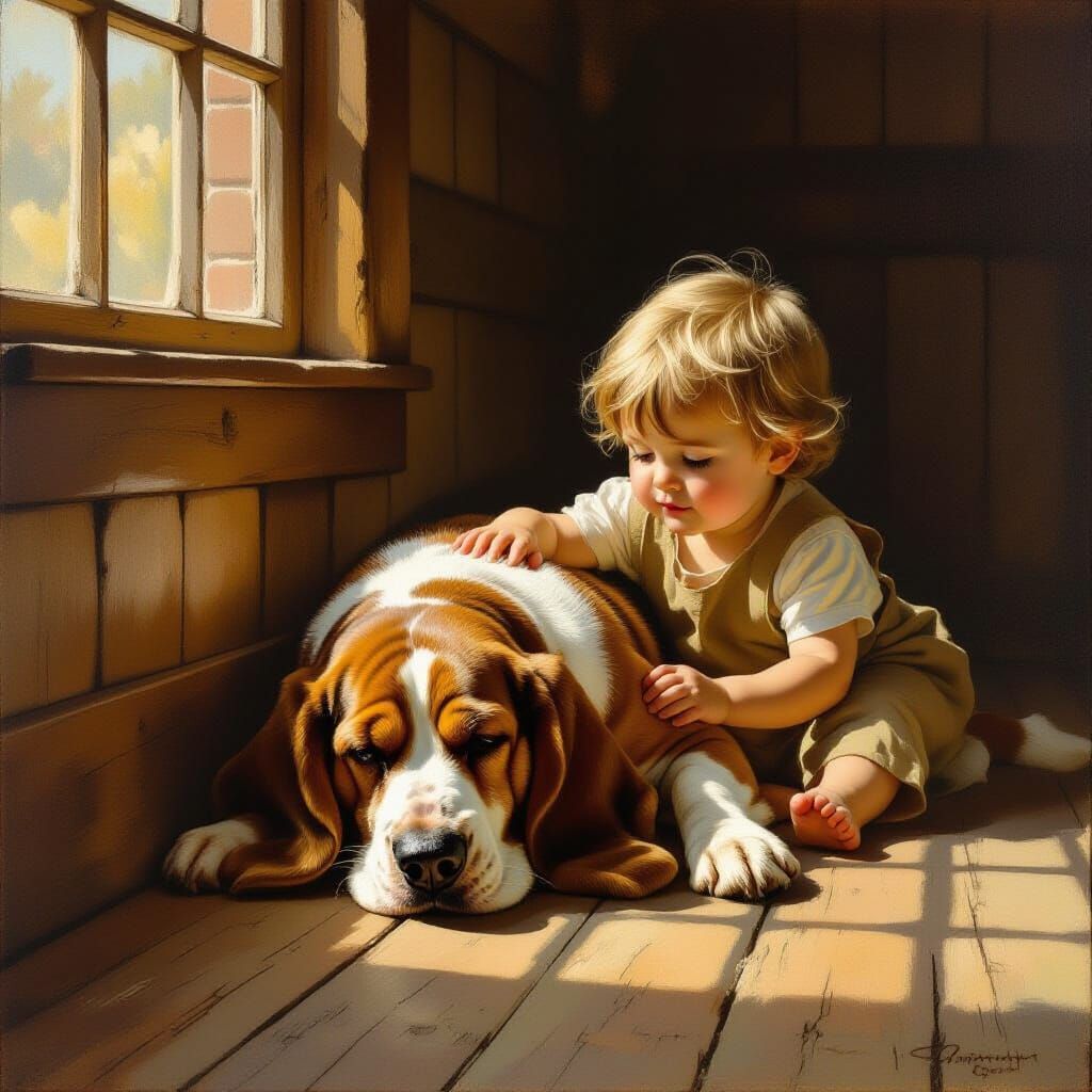 Old Hound Dog and Young Child in Warm Sunlight