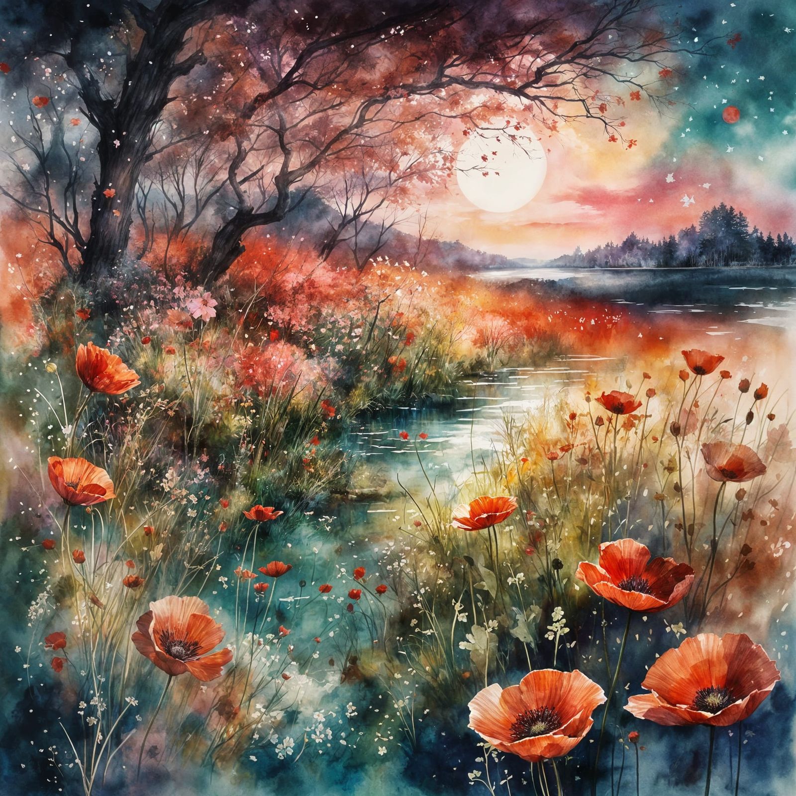 Ethereal Forest Glade with Sakura in Watercolor Art