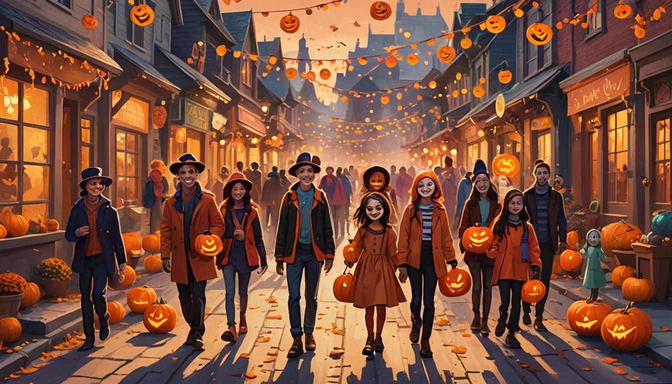 Colorful Trick-or-Treaters in Whimsical Illustration Style