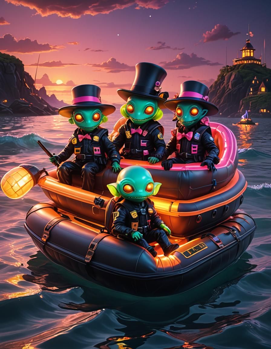 Neon Aliens in Lifeboat at Sunset, Hyperrealistic Style