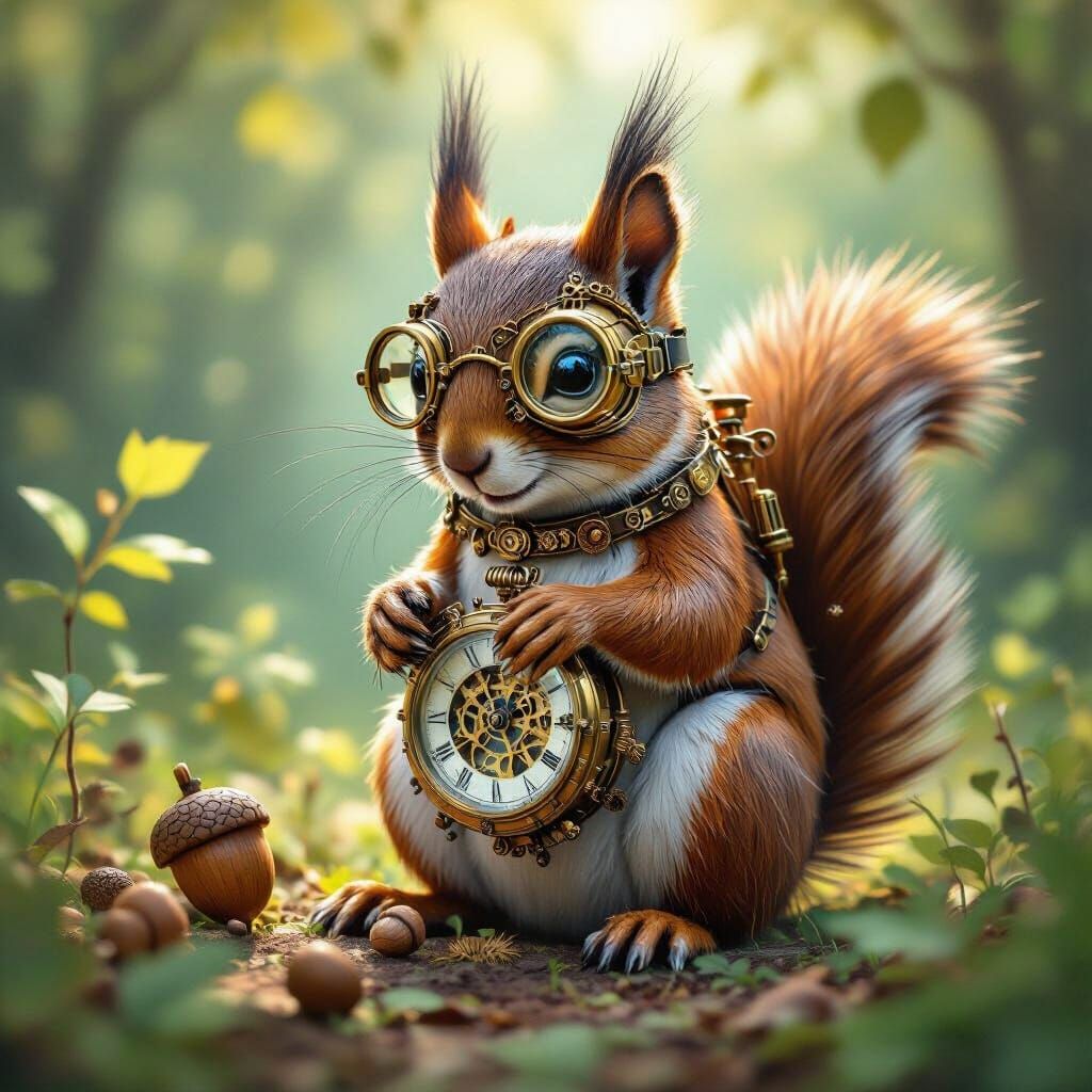 Steampunk Squirrel Crafts Sculpture in Forest Clearing