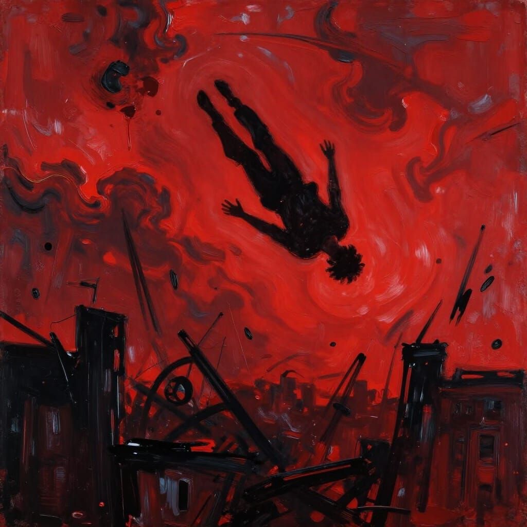 Figure Falls Through Blood-Red Sky Over Abstract City