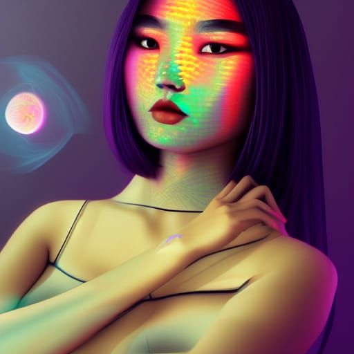 Exotic Asian Goth Woman: Holographic Astral Illustration