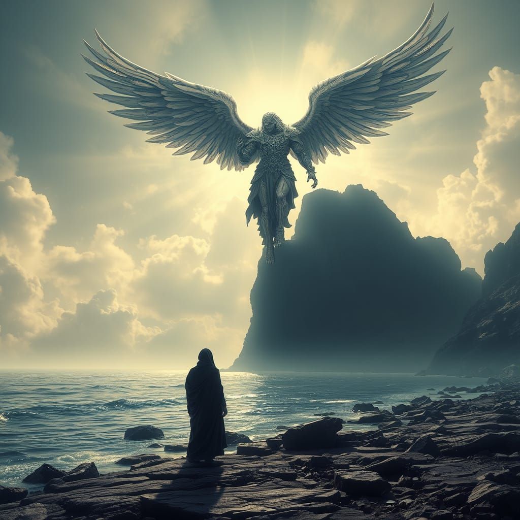 Baroque Angel Descends on Rocky Shore