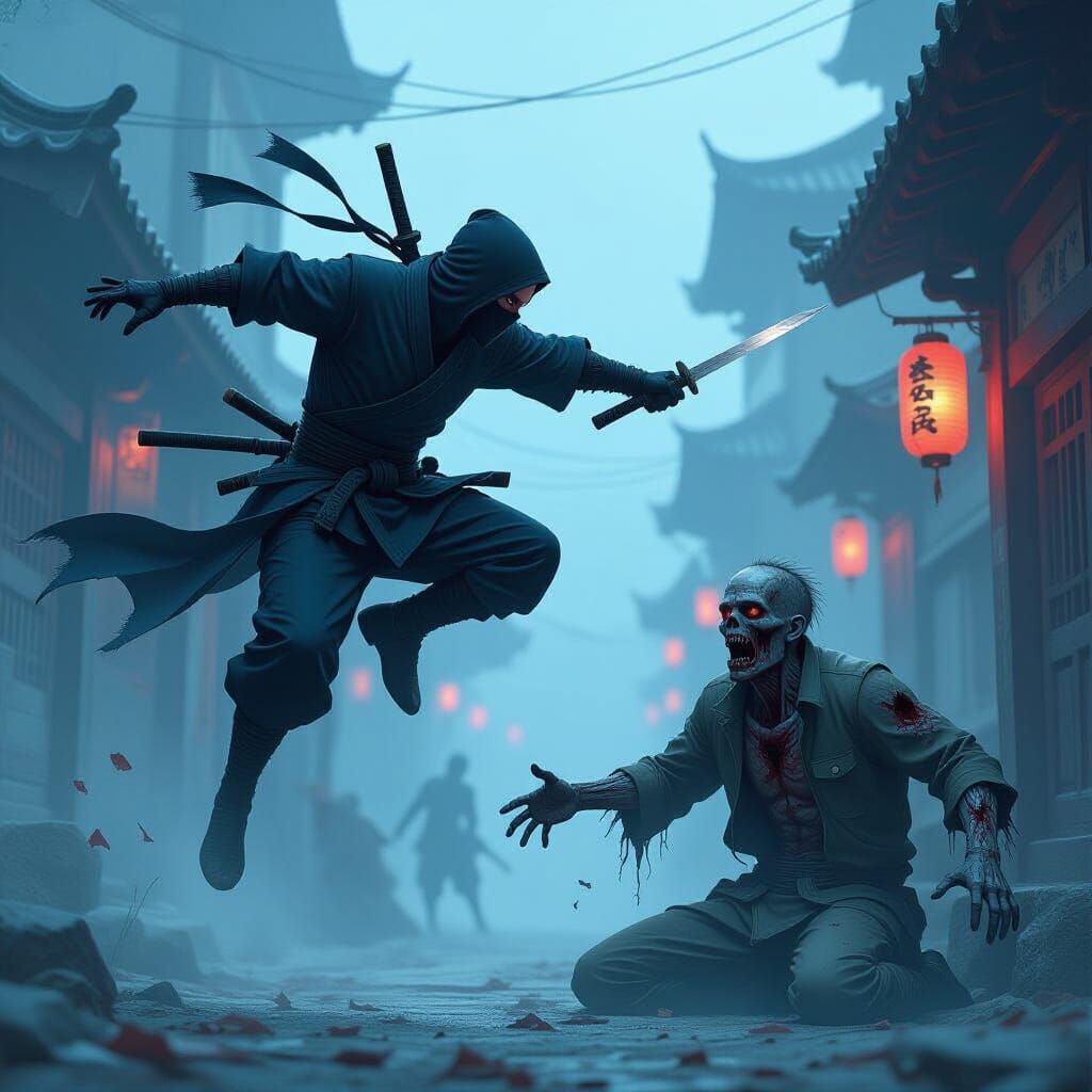 Ninja Throws Kunai at Zombie in Misty Morning Light