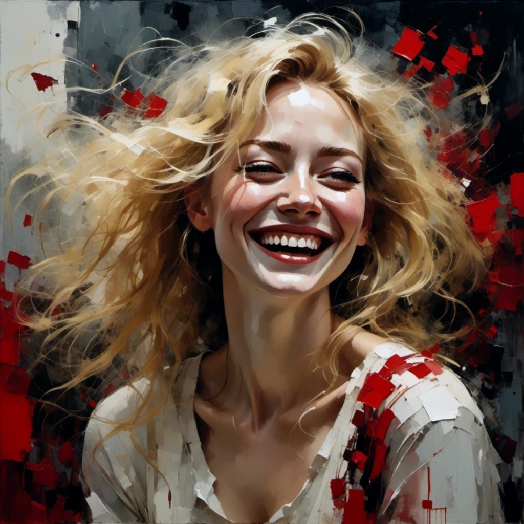 Laughing Blonde Woman: Surreal Close-Up Portrait