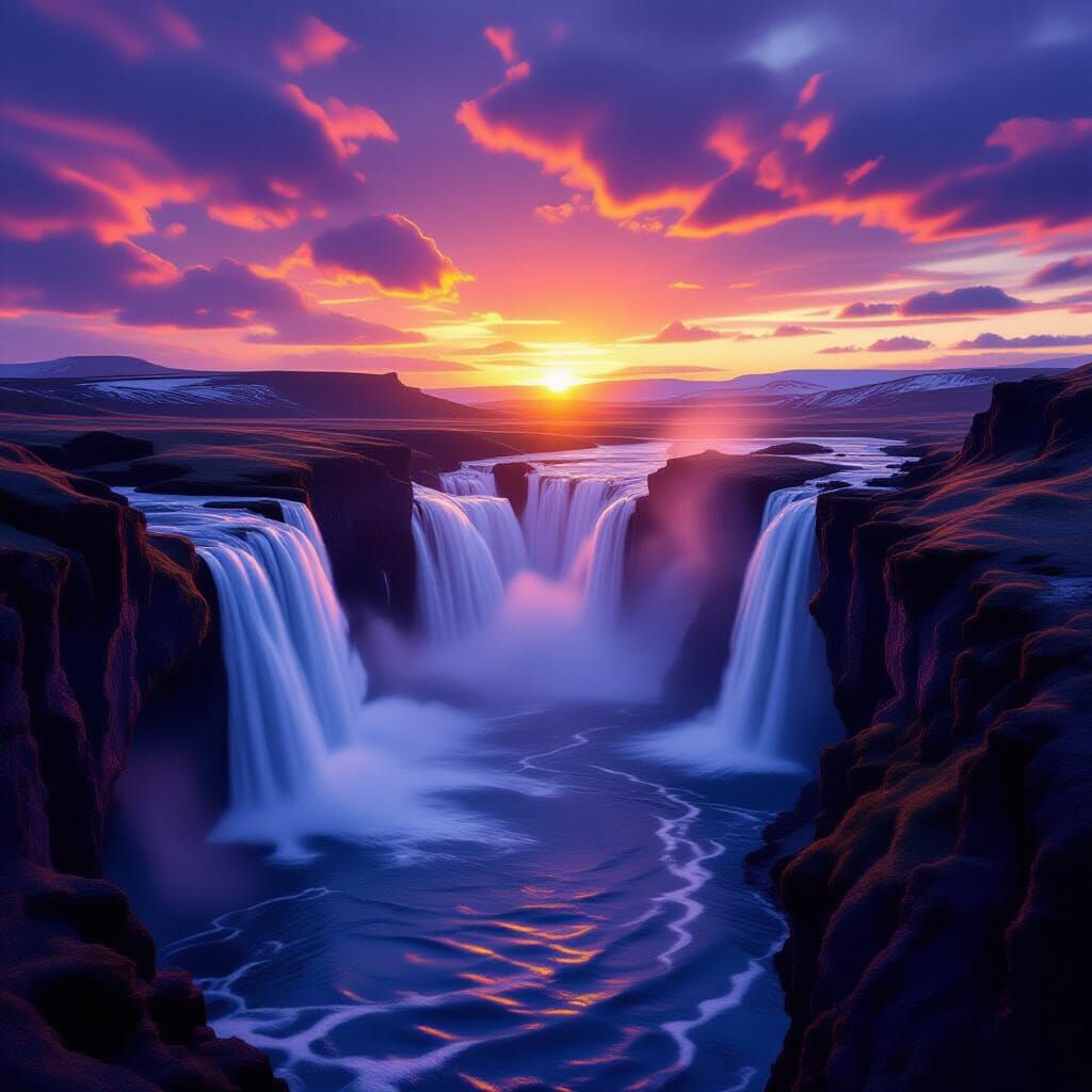 Icelandic Waterfall at Sunset, 3D Render
