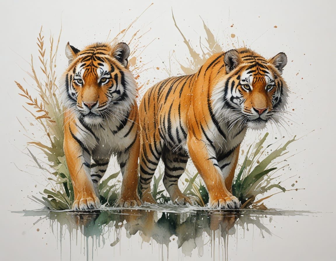 Misty Jungle Riverbank with Prowling Tigers