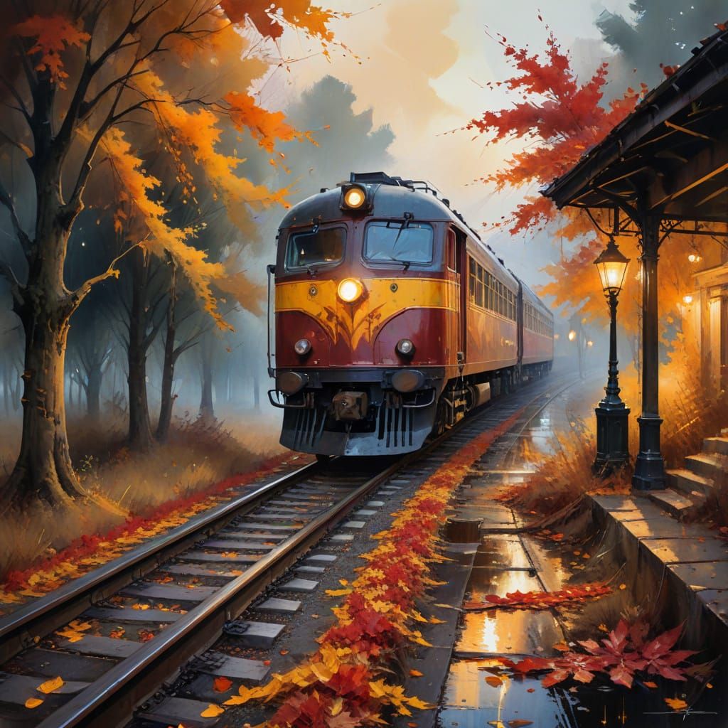Autumnal Abandoned Train Station in Watercolor Style