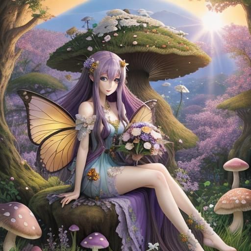 Anime Fairy with Flowers at Sunrise