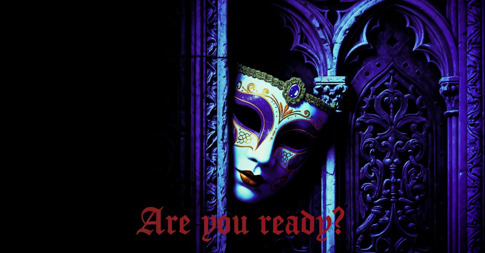 Venetian Mask Peeking from Gothic Archway in Blacklight Styl...