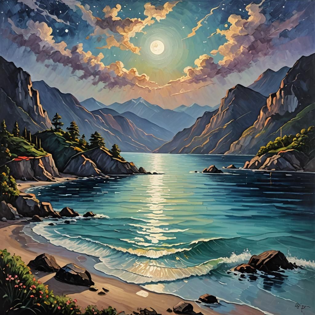 Moonlit Bay in Expressionist Impasto Painting