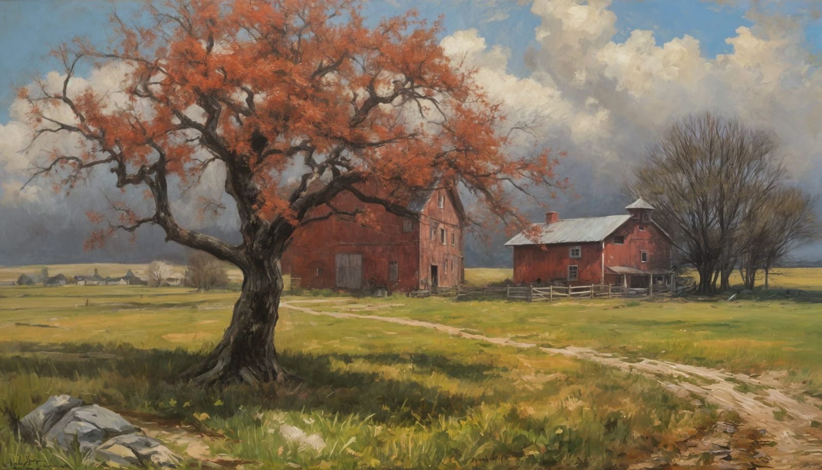 Ancient Twisted Apple Tree by Stone Wall in Spring Landscape