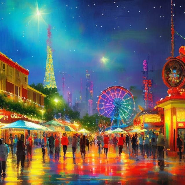Night Amusement Park in Digital Art Style