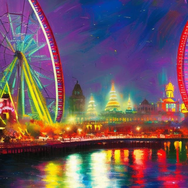 Nighttime Amusement Park in Digital Art Style