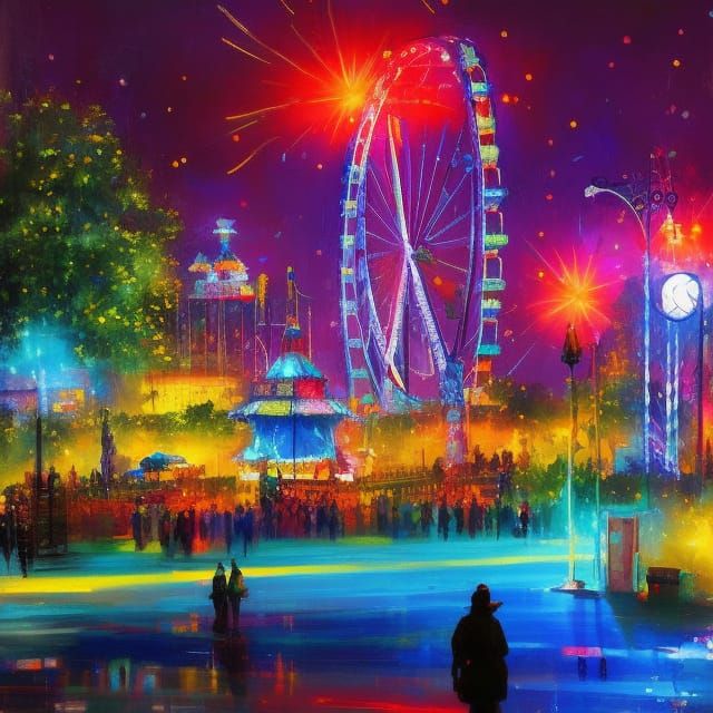 Amusement Park at Night in Digital Art Style