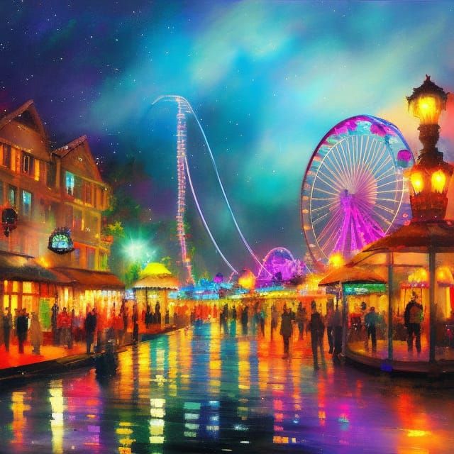 Night Amusement Park in Digital Art Style