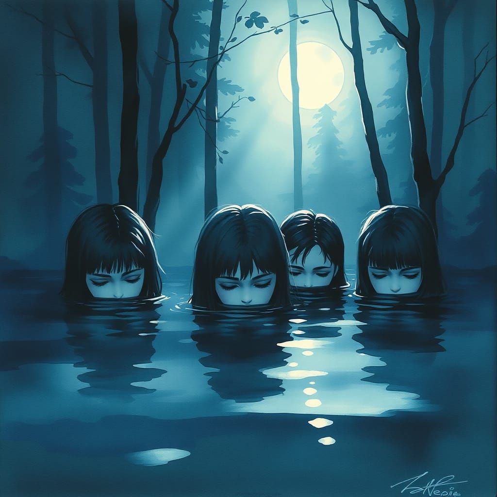 Ethereal Watercolor Figures in Moonlit Forest Water