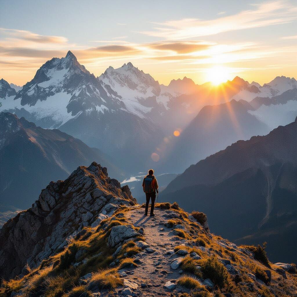 Lone Hiker Admiring Swiss Alps Panorama at Sunset