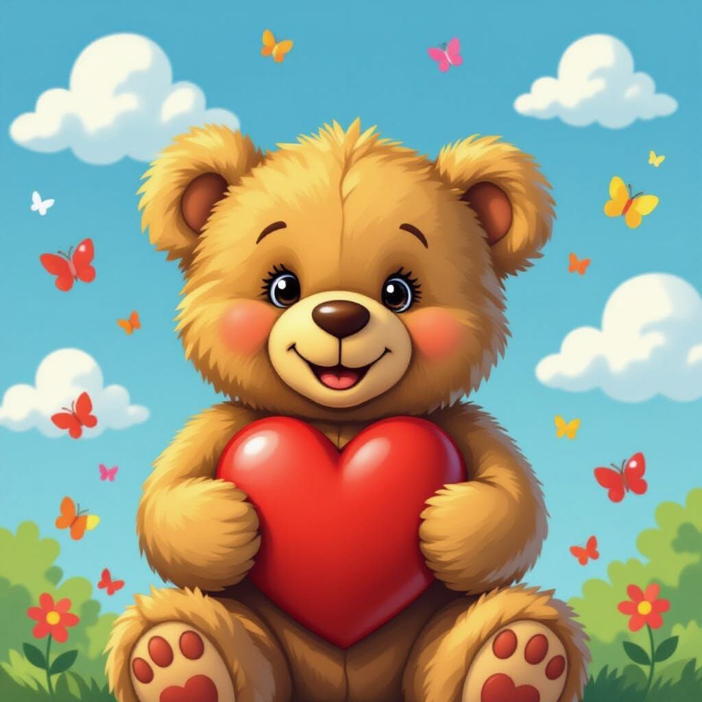 Smiling Teddy Bear Holding Heart in Cartoon Style