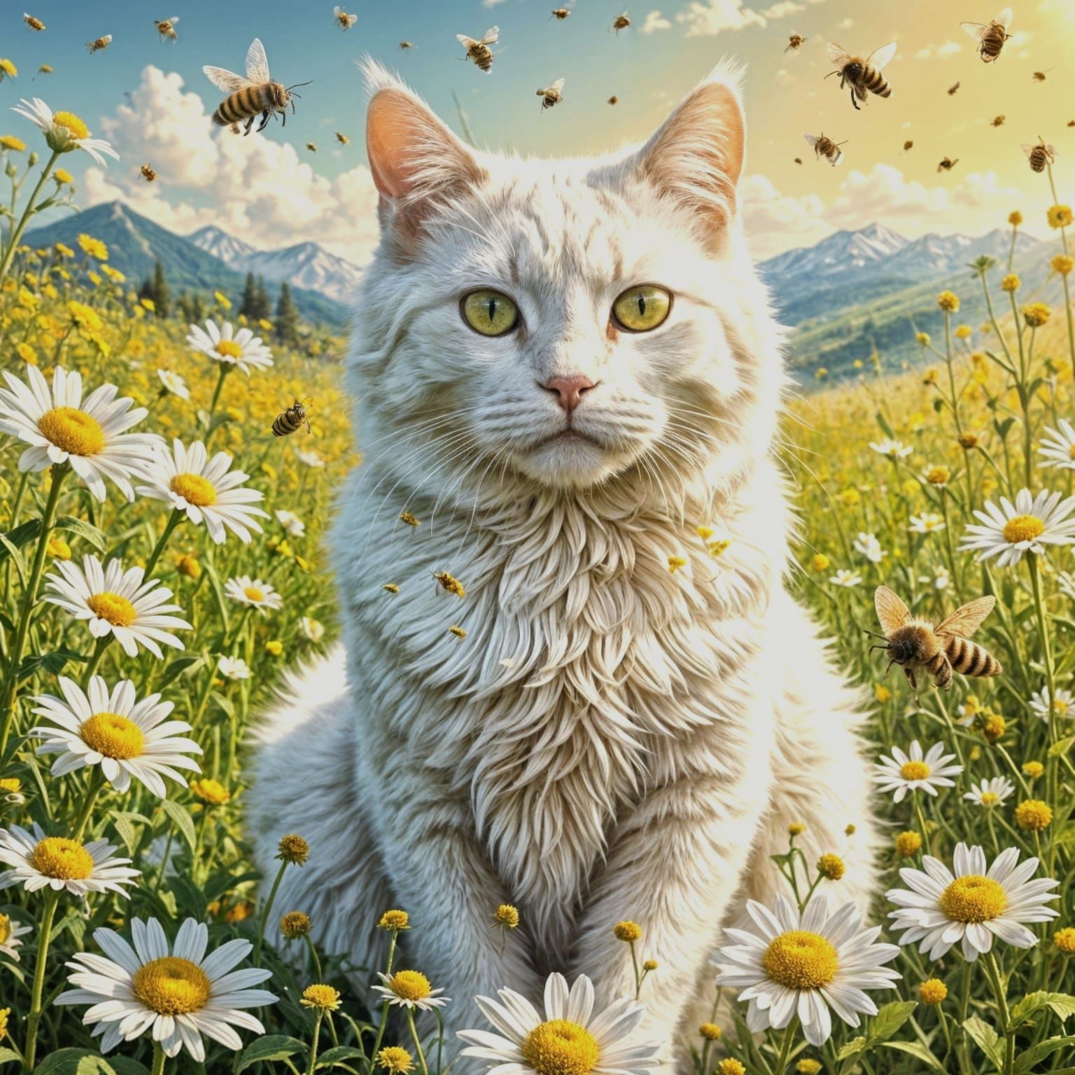 White Cat Covered in Bees in Blooming Meadow