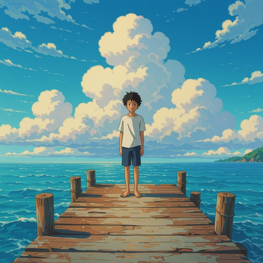 Anime Boy on Island Dock in Studio Ghibli Style