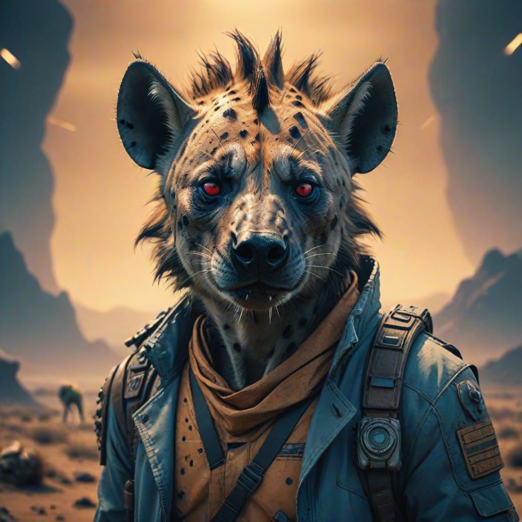 Sci-Fi Hyena Man in Desolate Wasteland