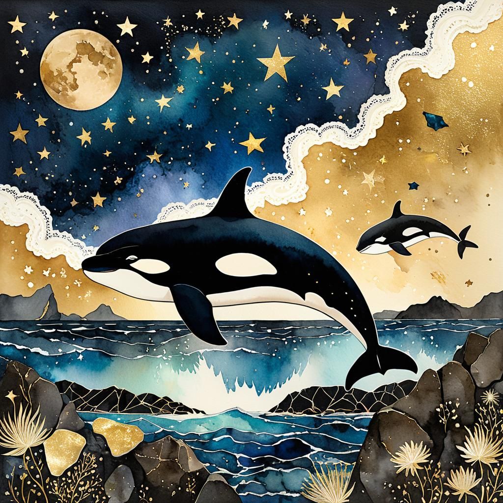 Majestic Orca in Starry Night Sky: Watercolor Art