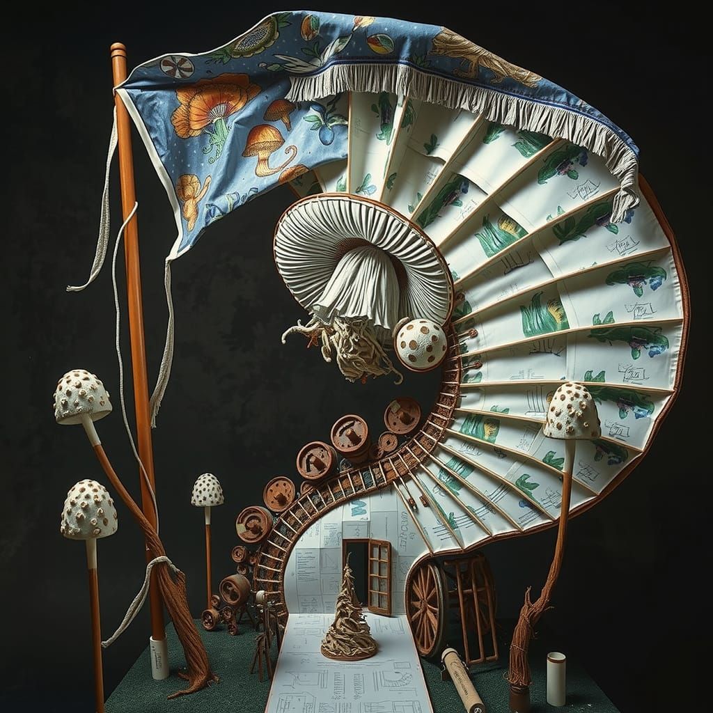 Ethereal Industrial Dreamscape with Hyperreal Mushroom Flag