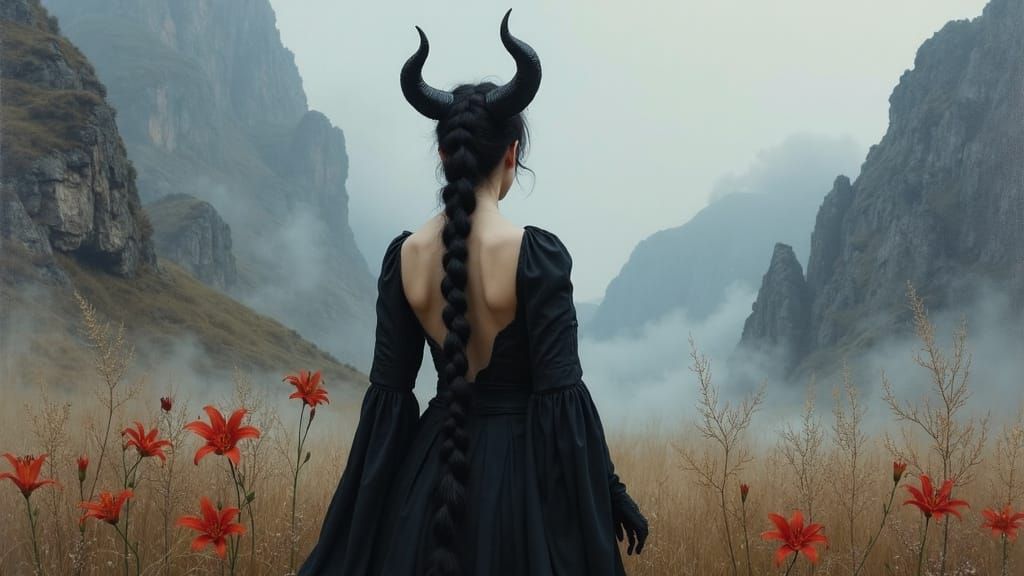 Woman with Horns in Mountain Landscape, Oil Painting