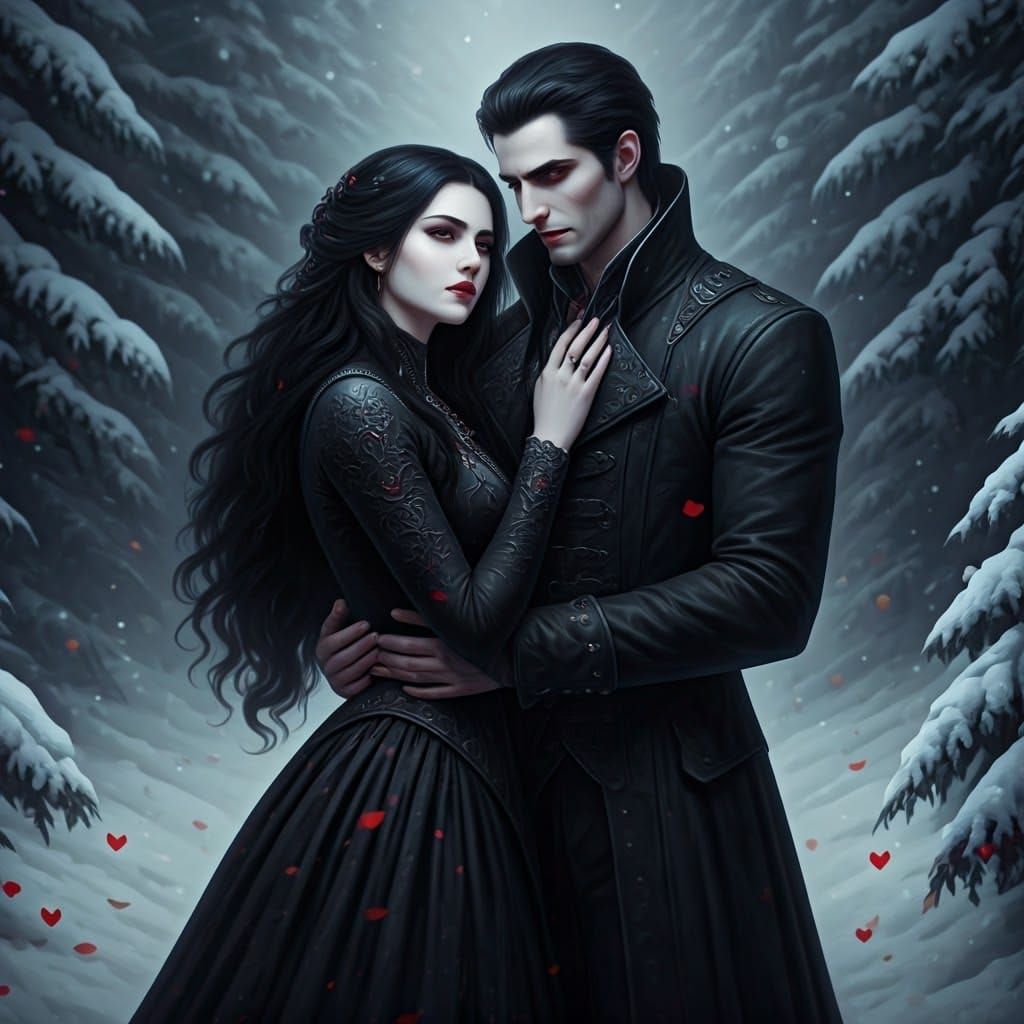 Ethereal Vampire Couple Embracing in Snowy Forest