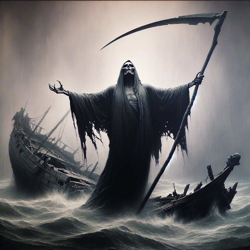 Grim Reaper Over Shipwreck: A Romantic Horror Scene