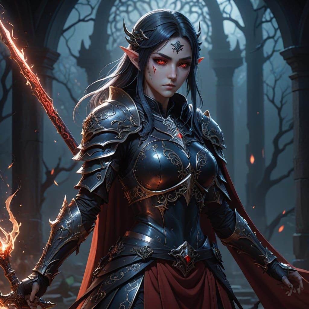 Gothic Elf Necromancer in Infused Armor with Eerie Staff